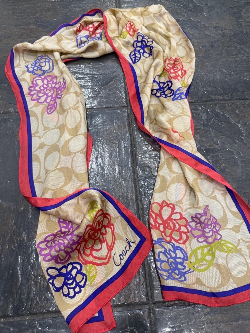 Coach Poppy Oblong Silk Scarf with Signature C Pattern & Floral Bloom, Like New - Picture 3 of 6
